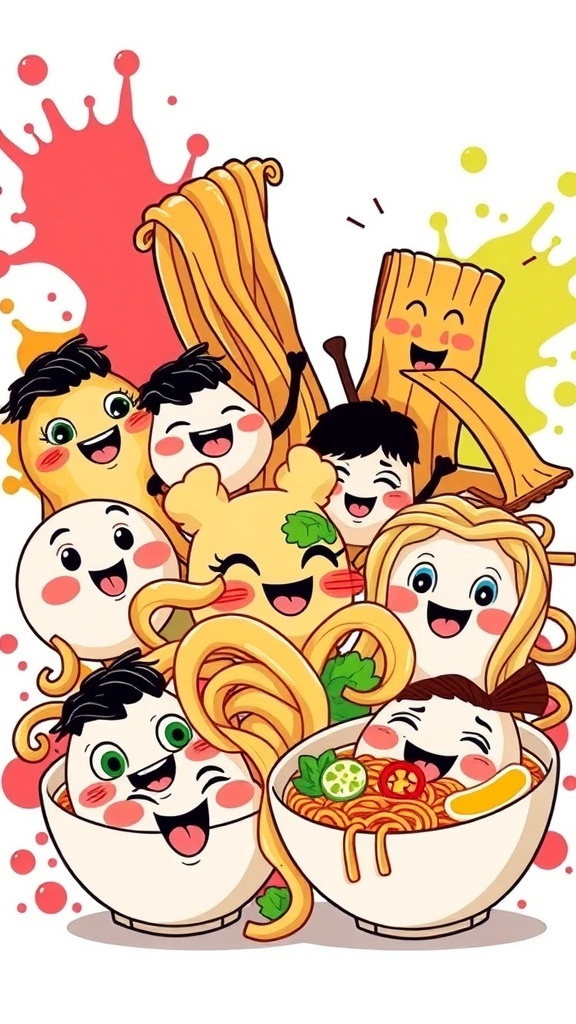 A fun illustration of different noodles with funny faces and colorful backgrounds.
